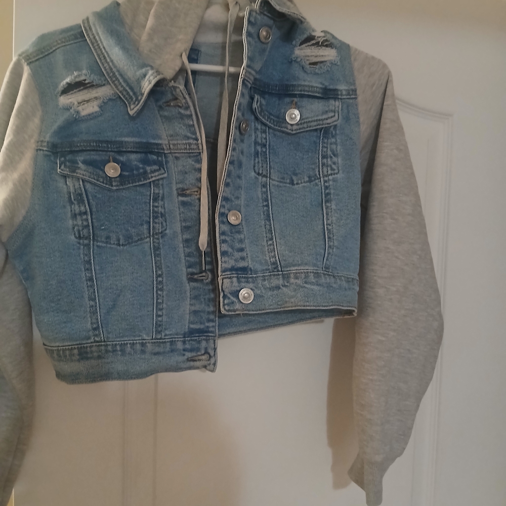 Denim and Gray Hooded Jacket